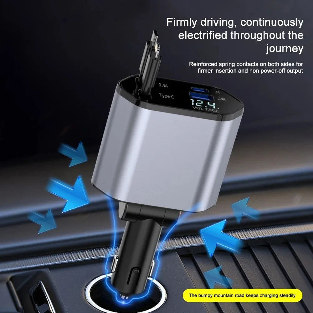 120W Car Charger Retractable Cable USB & USB-C Fast Charging Car Adapter