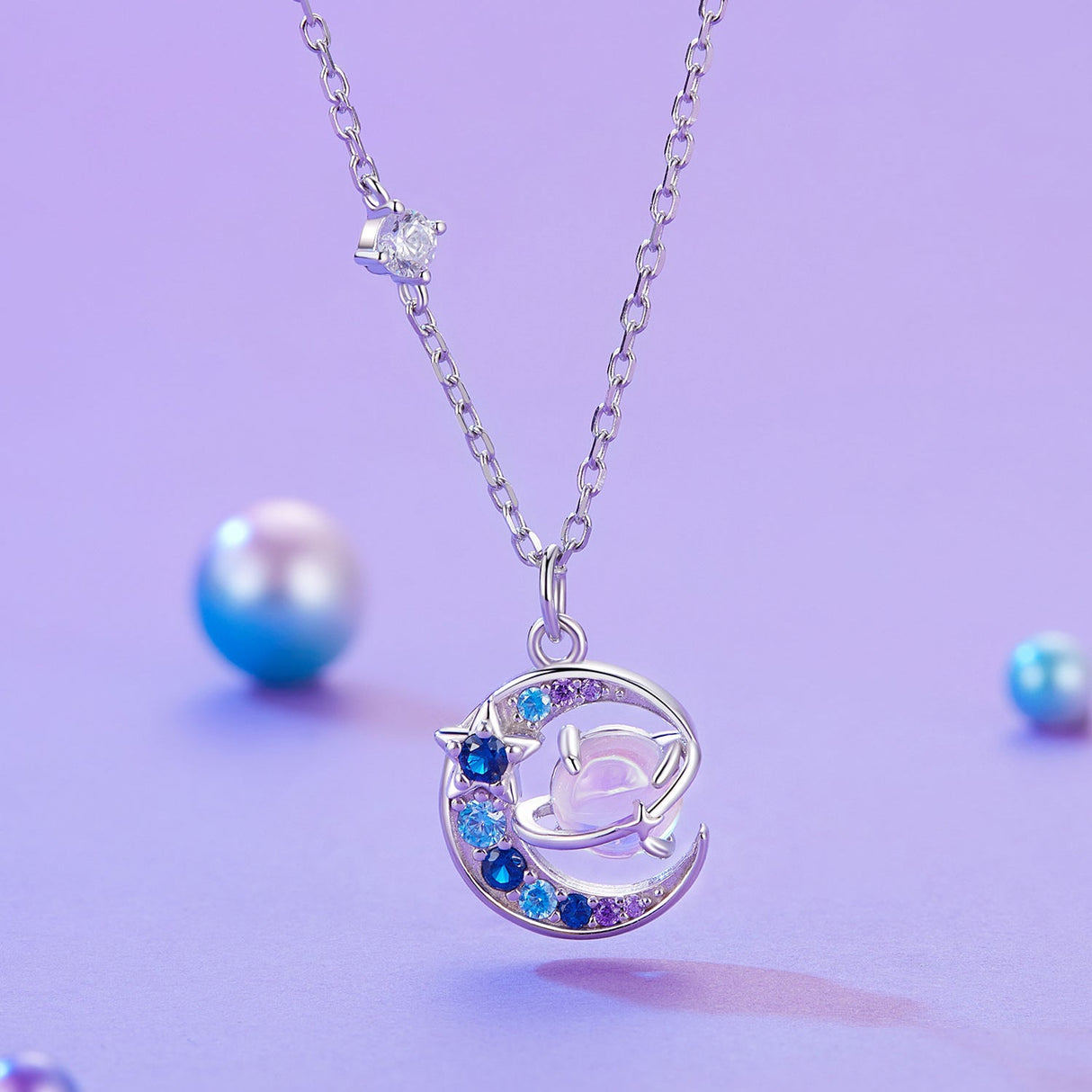 925 Sterling Silver Necklace with Pavé CZ & Transparent Glass Pendant for Women