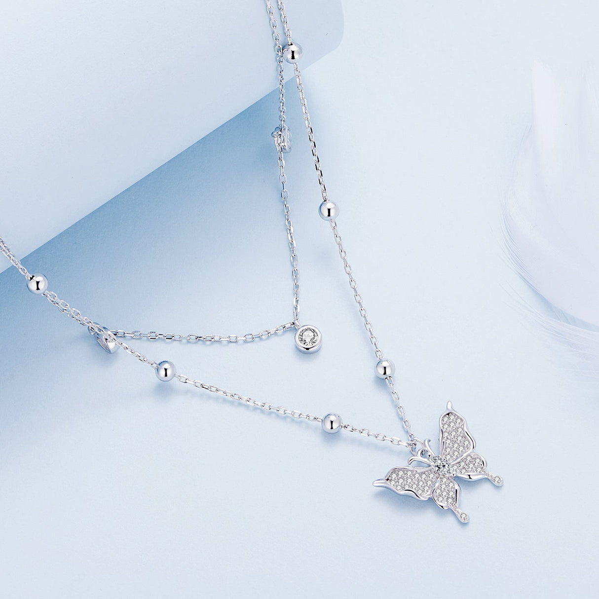 925 Sterling Silver Butterfly Necklace with Pavé Setting CZ, 40cm Length for Women