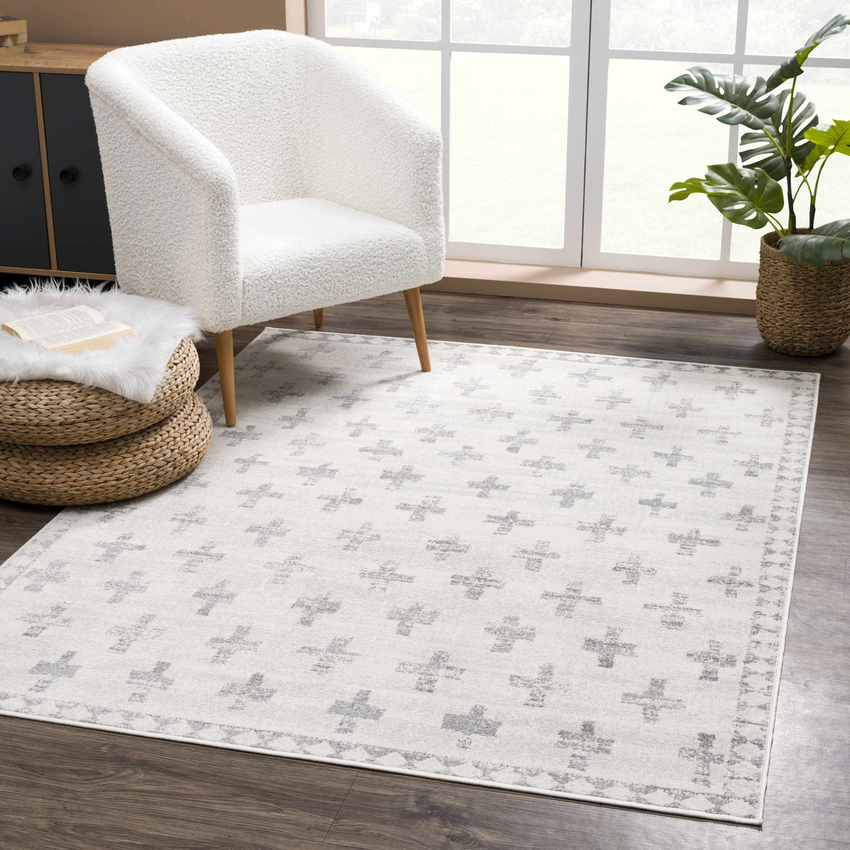 Tigris Swiss Cross Ivory & Gray Area Rug