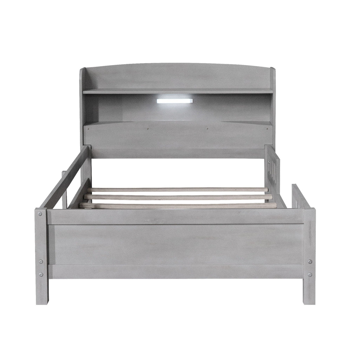 Wood Platform Bed With Built In LED Light, Storage Headboard And Guardrail