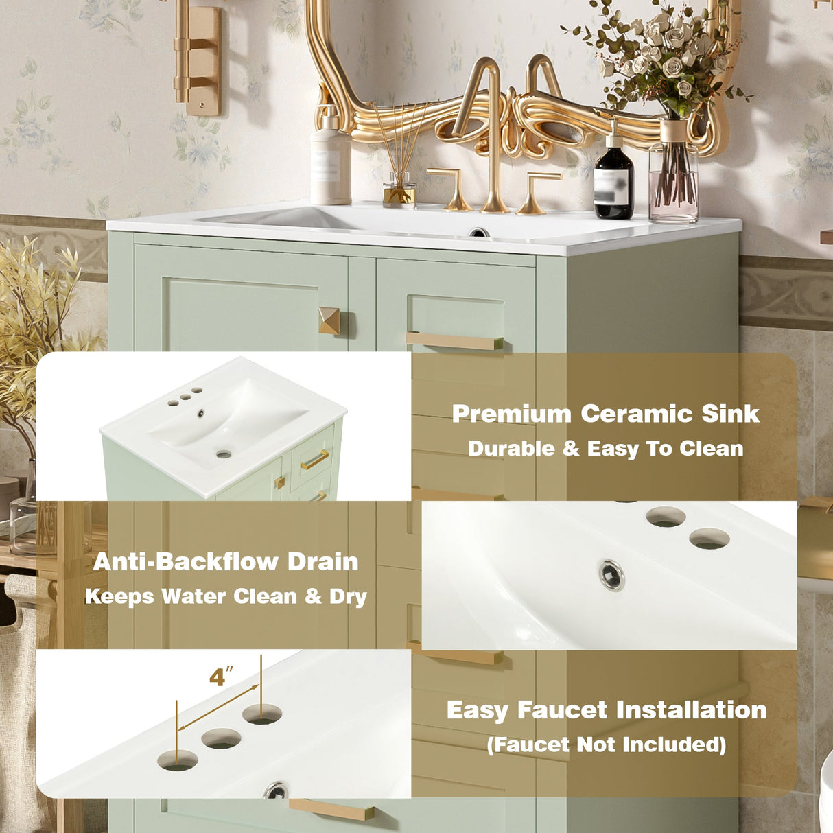 24.8" Bathroom Vanity with Ceramic Sink, Modern Freestanding Cabinet