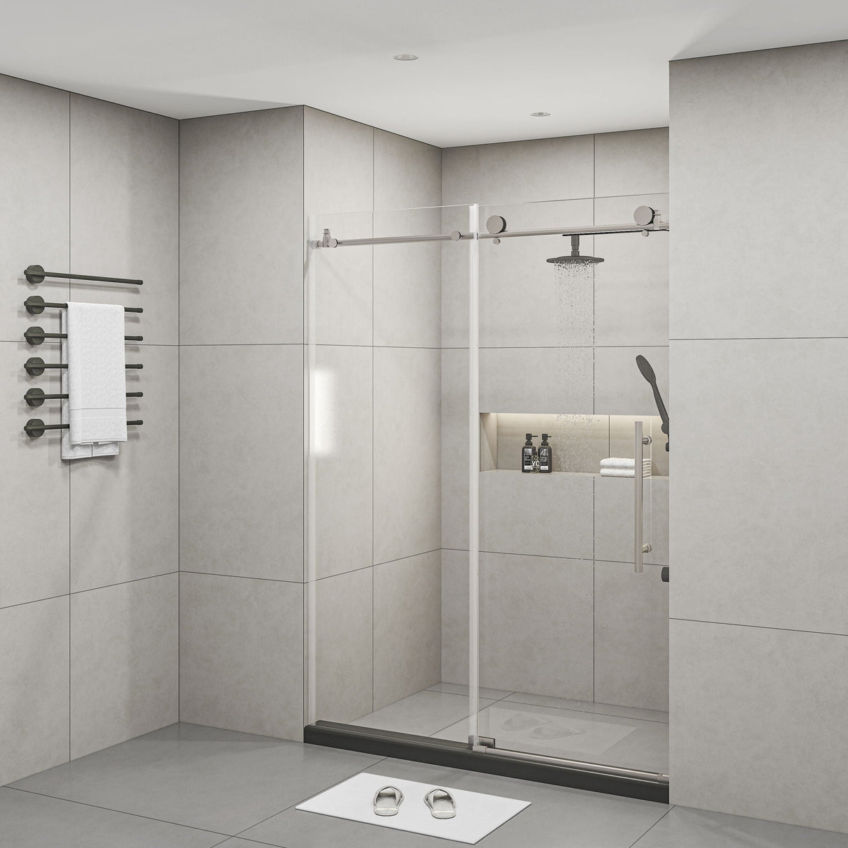 Frameless Shower Door, Clear Tempered Glass - Brushed Nickel