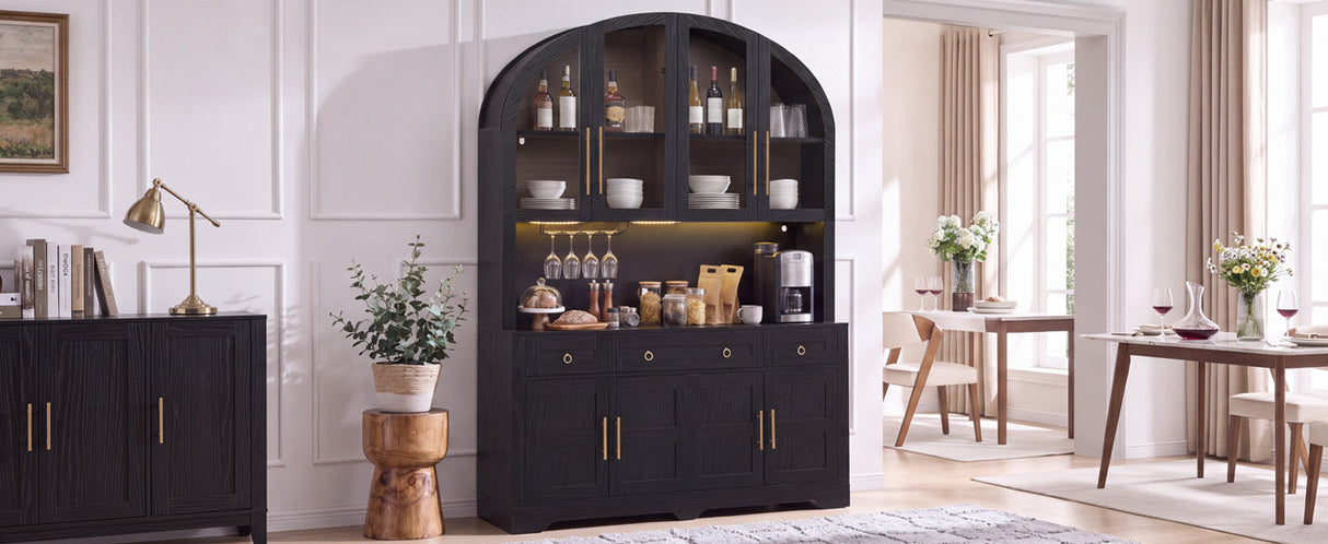 K&K 75.8" Tall Arched Kitchen Pantry Cabinet with LED & Charging Station