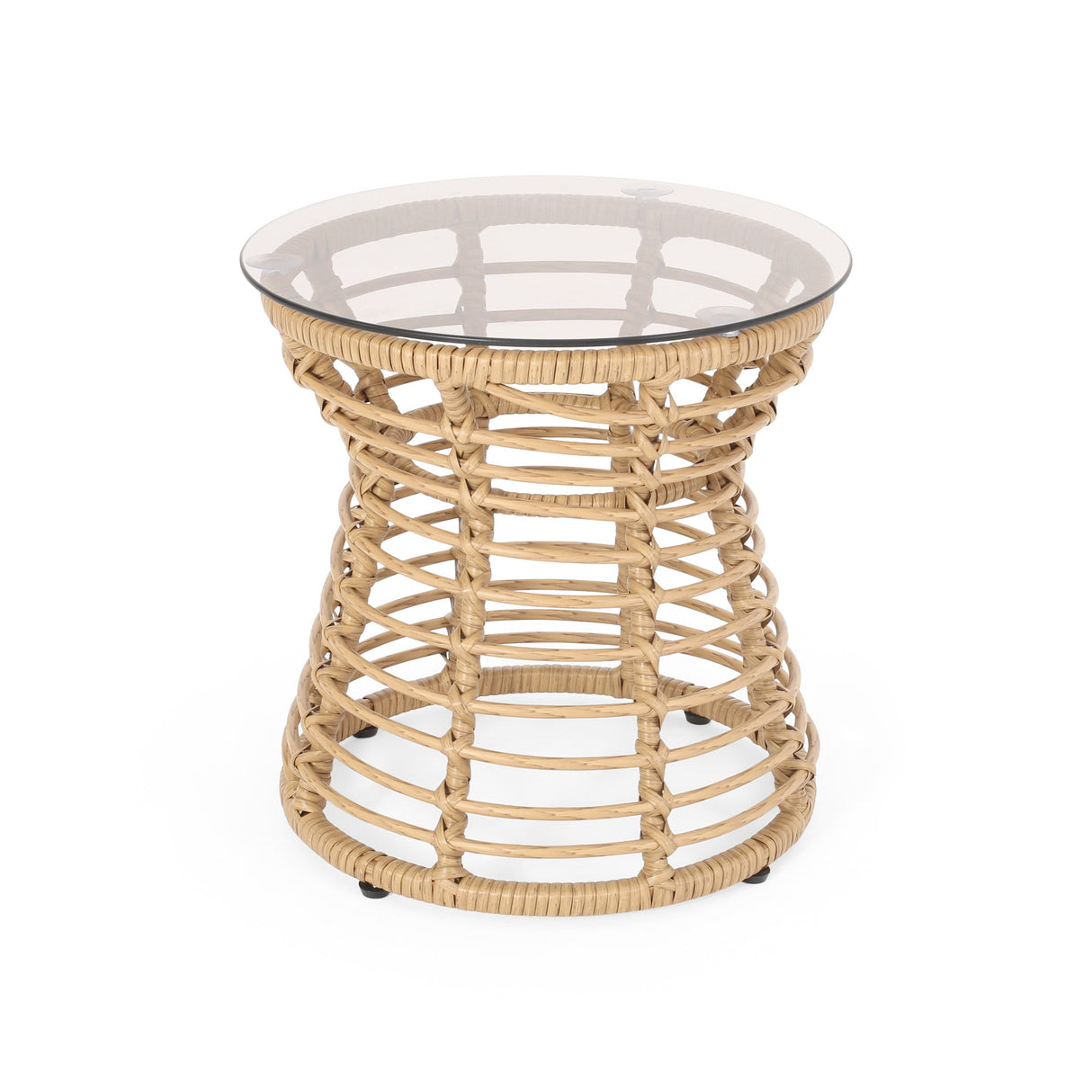 San Pedro Boho Style Side Table with Tempered Glass Top in Light Brown Rattan