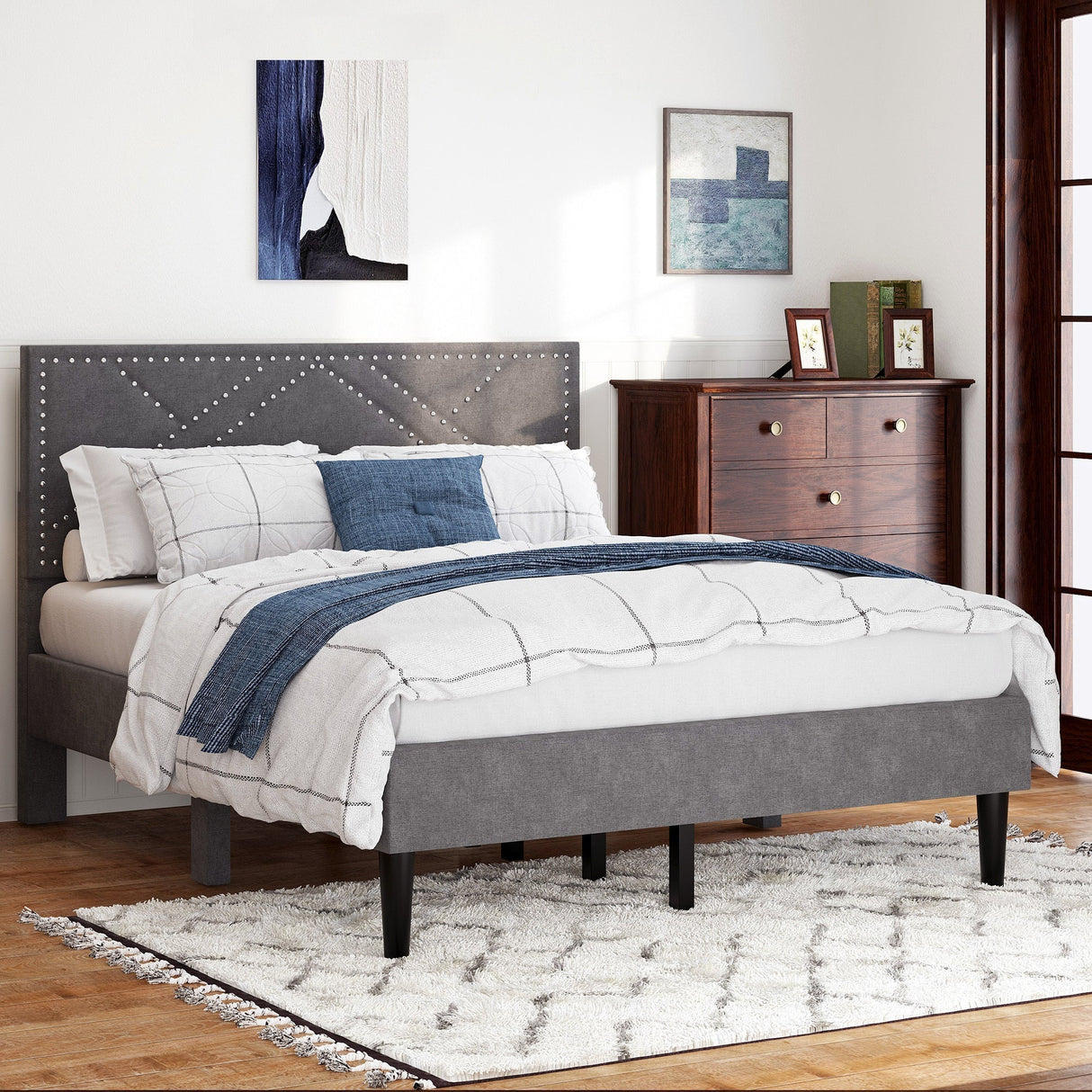 Luxurious Queen Bed Frame & Upholstered Wingback Headboard in Carbon Gray