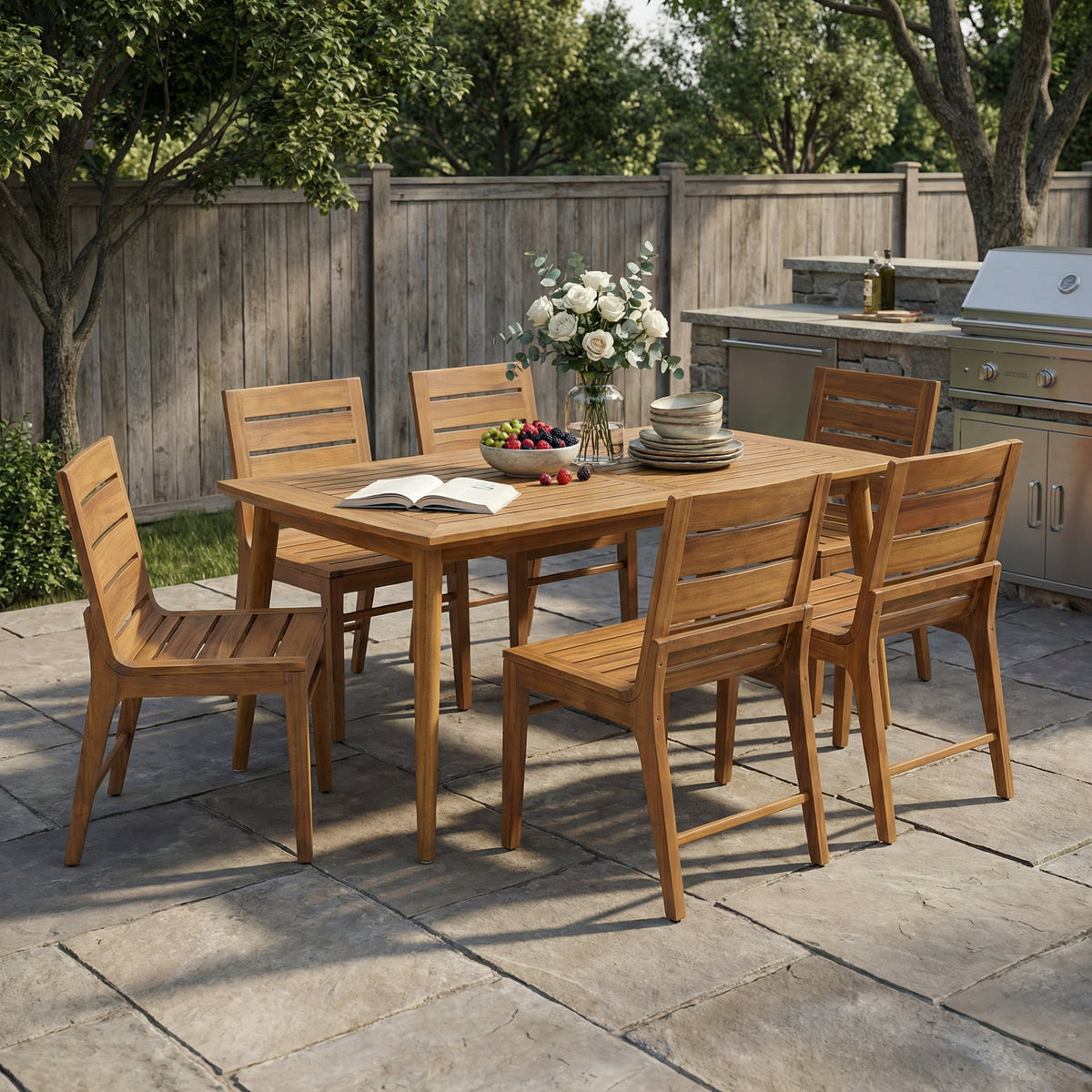 7 Piece Outdoor Acacia Wood Dining Set with Slatted Back Chairs - Teak