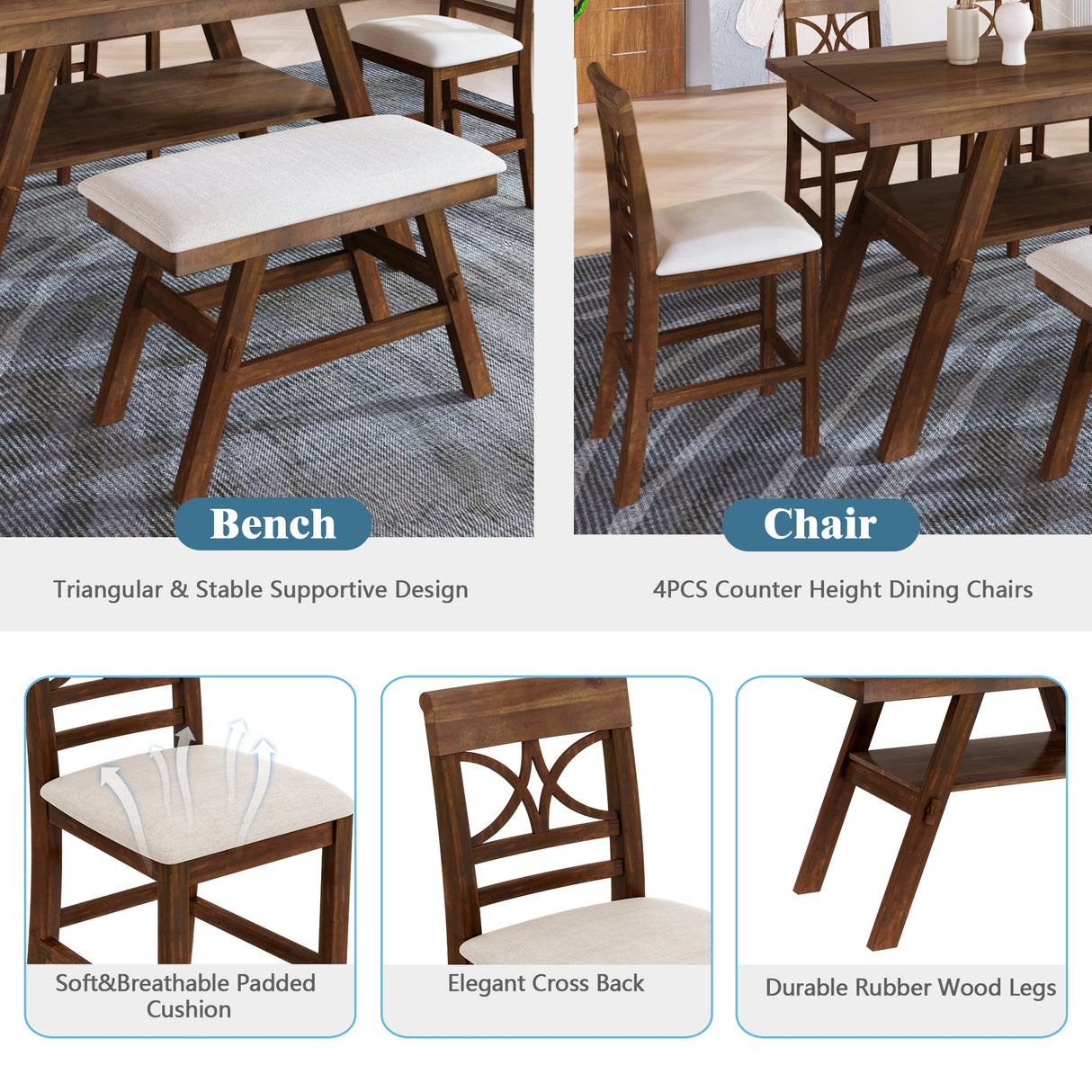 Charlie Walnut Farmhouse Counter Height 6-Piece Dining Set