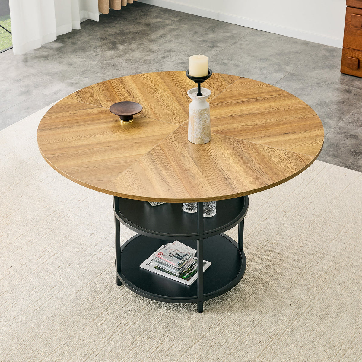 47.3-Inch Diameter Modern Circular Dining Table with Double-Layer Storage - Black, Wood