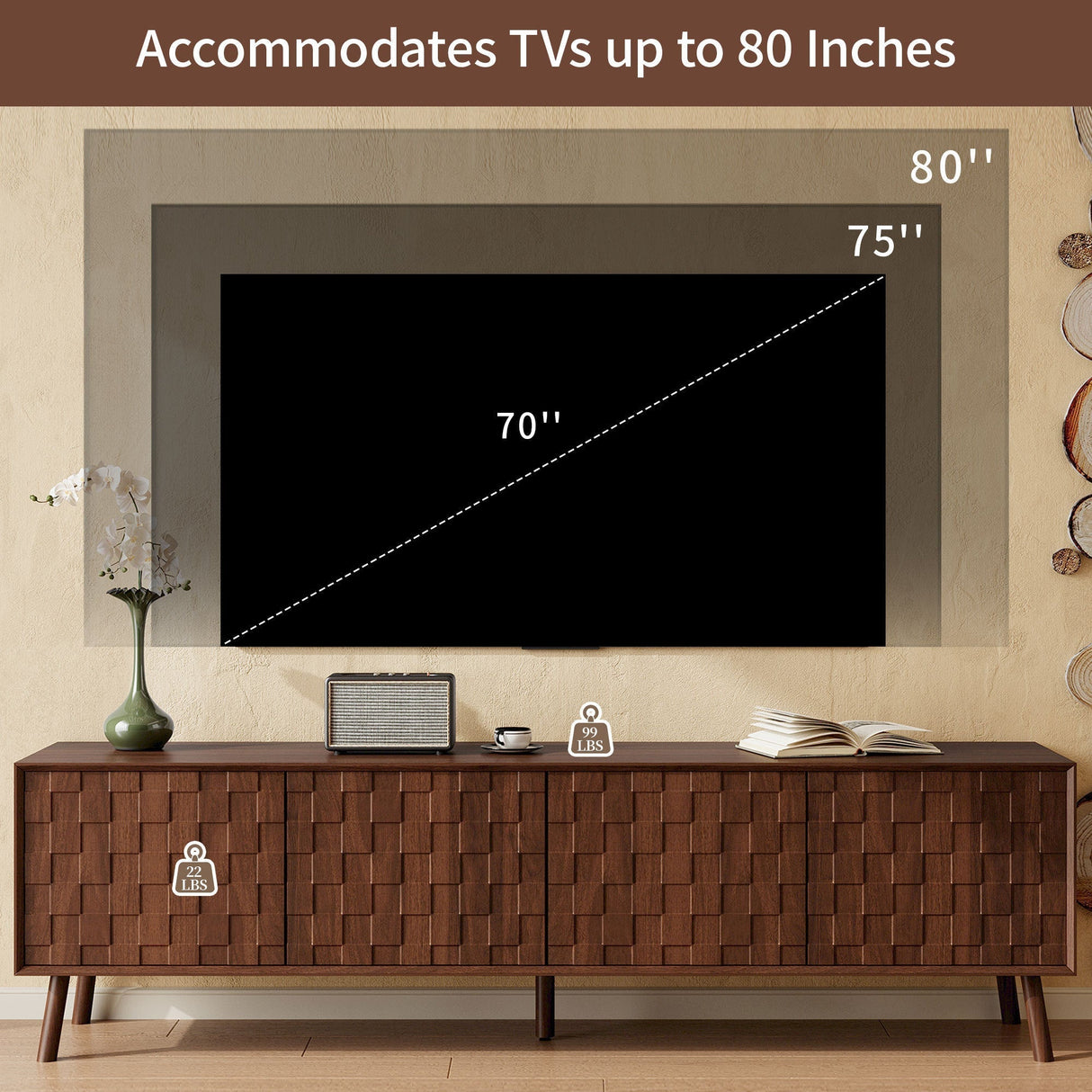 70inch Modern TV Stand for TVs up to 80 Inches with Walnut Legs