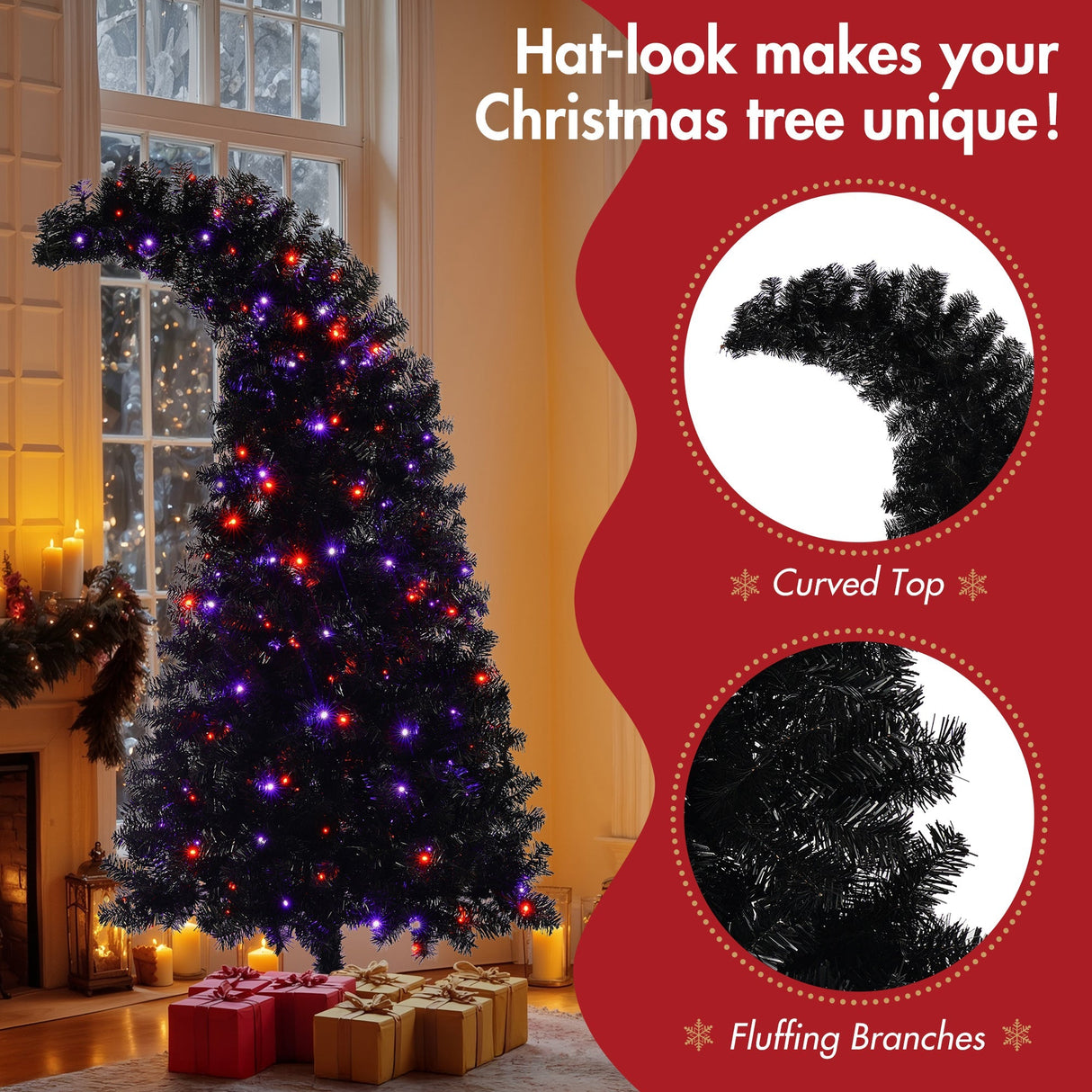 6Ft Curved Hat-Look Black Holiday Tree with Orange & Purple Lights