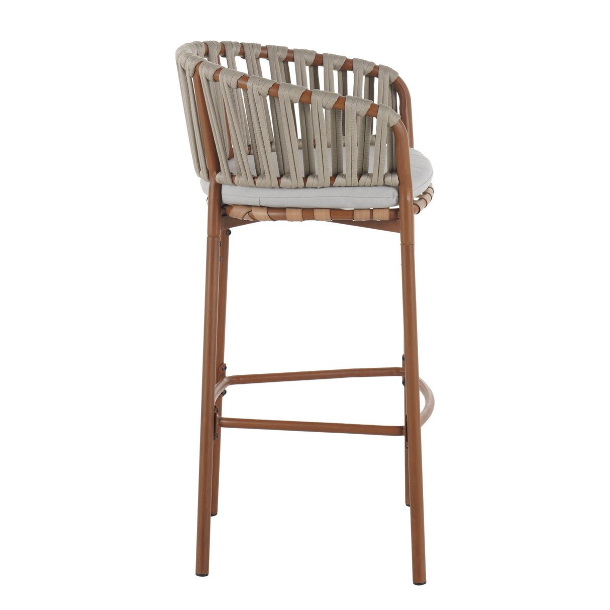 Lodi Outdoor Metal Rope Barstool, Teak Finished Frame and Beige Cushion, Set of 4