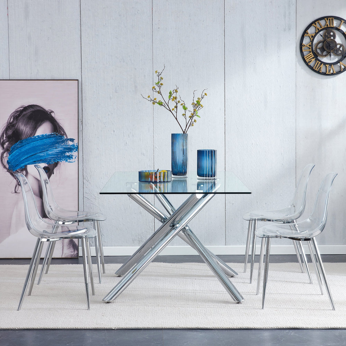 Modern Minimalist Transparent Dining Chair Set with Ergonomic PET Seat - Clear/Silver