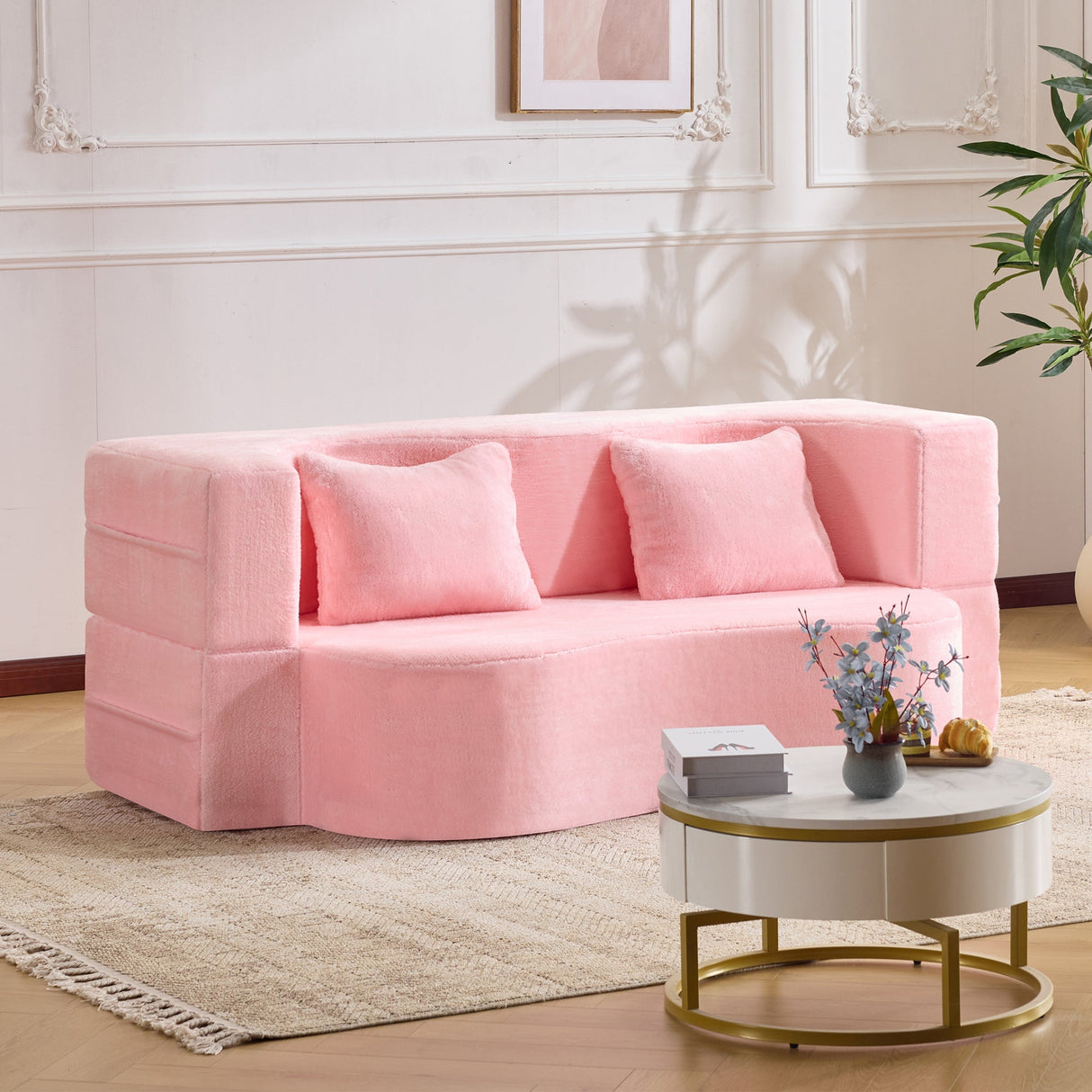 71-Inch Folding Sofa Bed in Pink Chenille with High-Density Foam