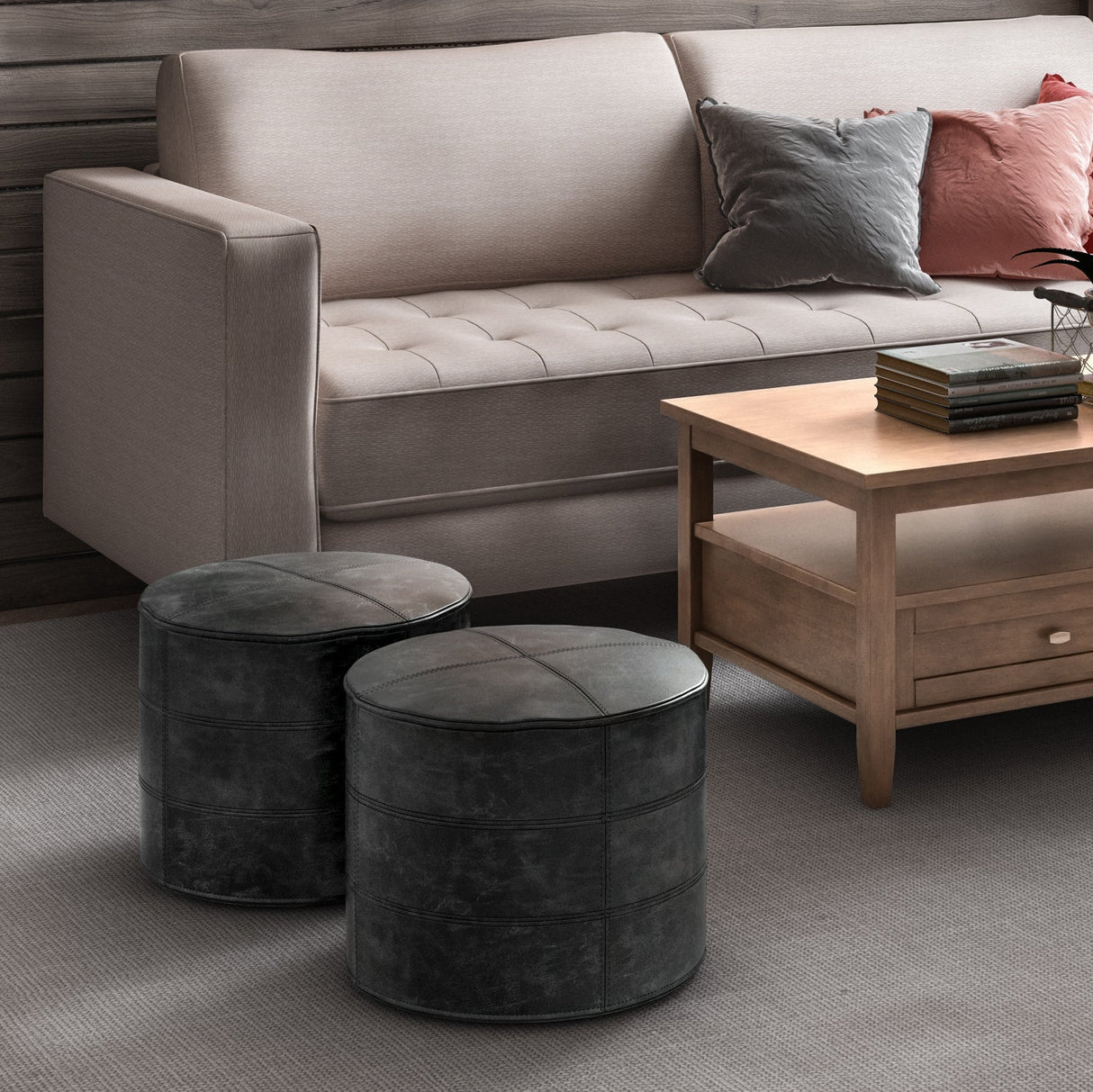 Connor Round Pouf - Distressed Black