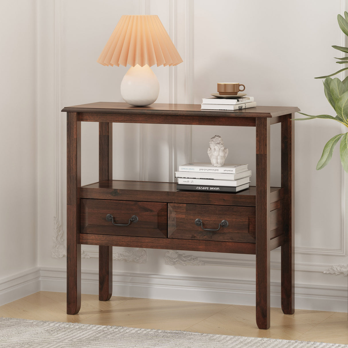 End Table in Brown Acacia Wood with Drawers