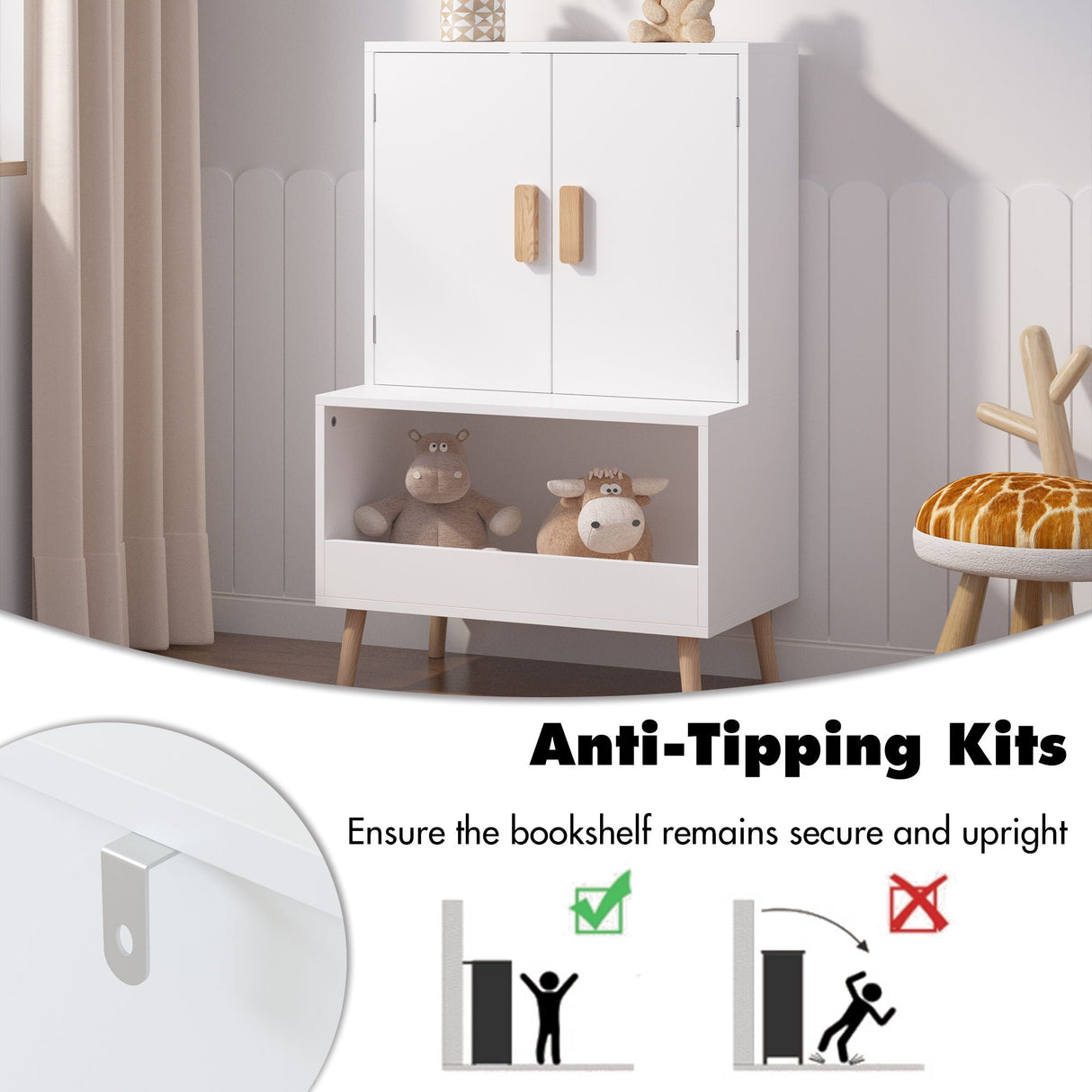 Toy Storage Cabinet With Doors And Open Shelf, Toddler Bookshelf For Playroom - White