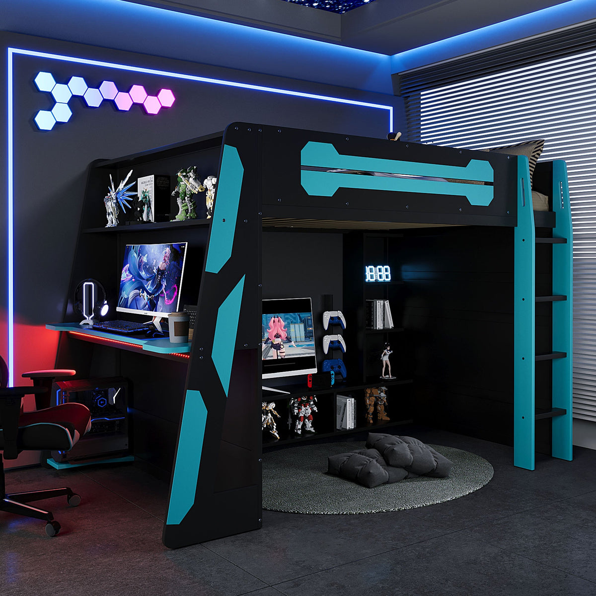 Full Size Wood Loft Bed with Desk, Multi-storage Shelves and RGB Light
