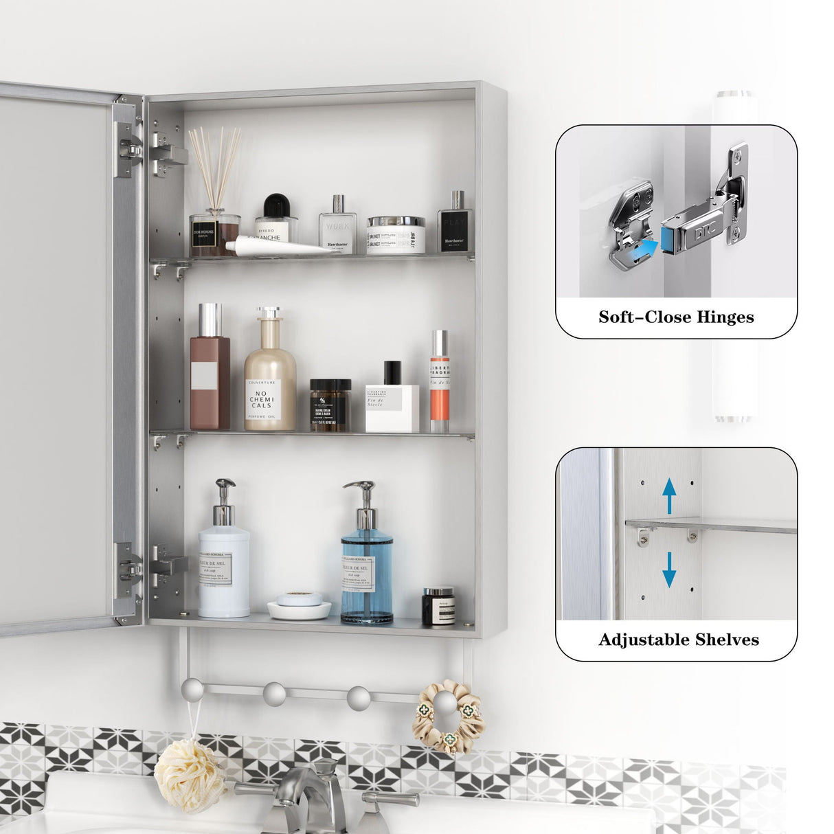 Medicine Cabinet, Wall Mounted Bathroom Mirror With Storage, Adjustable Shelves - Silver