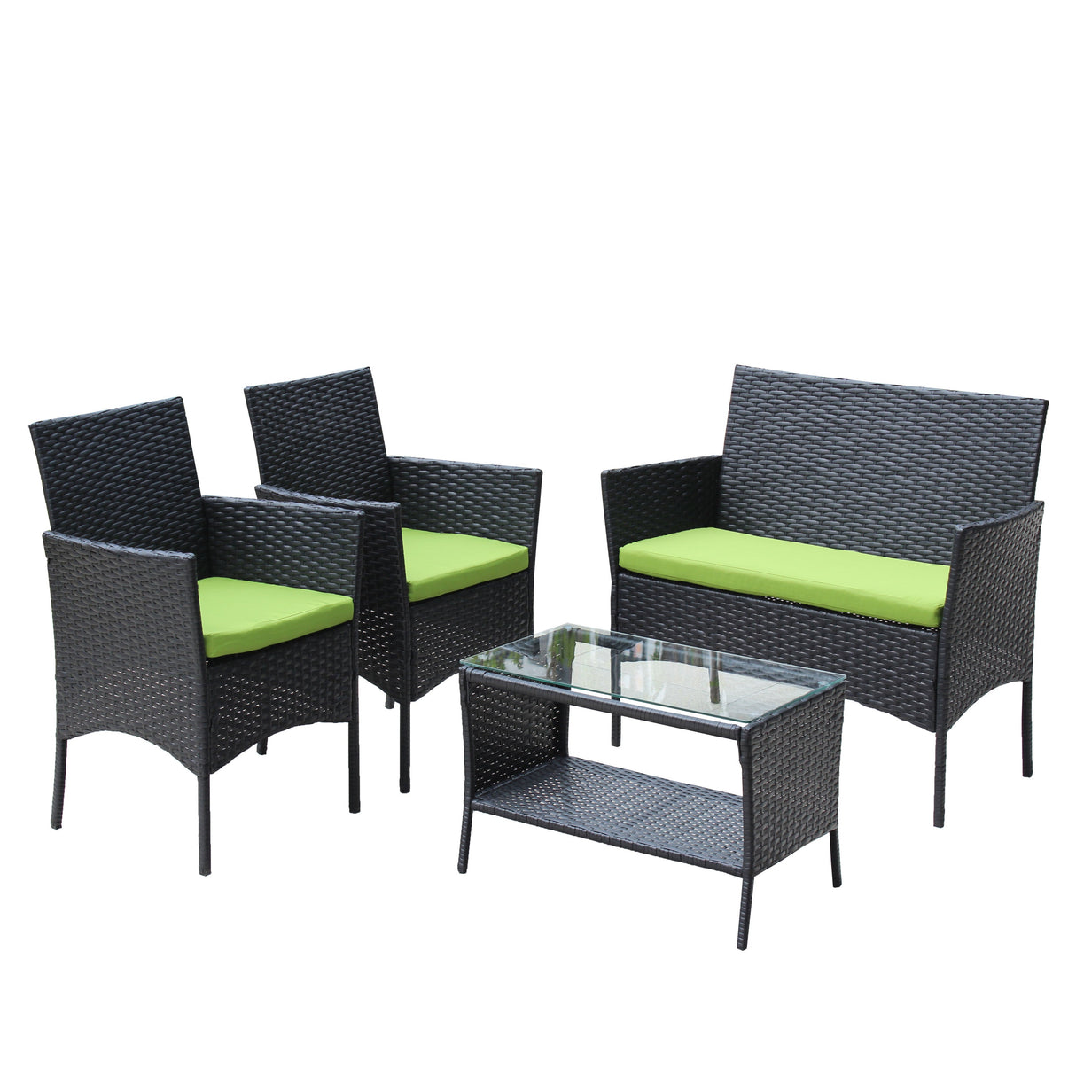 4 PC Rattan Patio Furniture Set Outdoor Cushioned Wicker Sofa Green Cushion