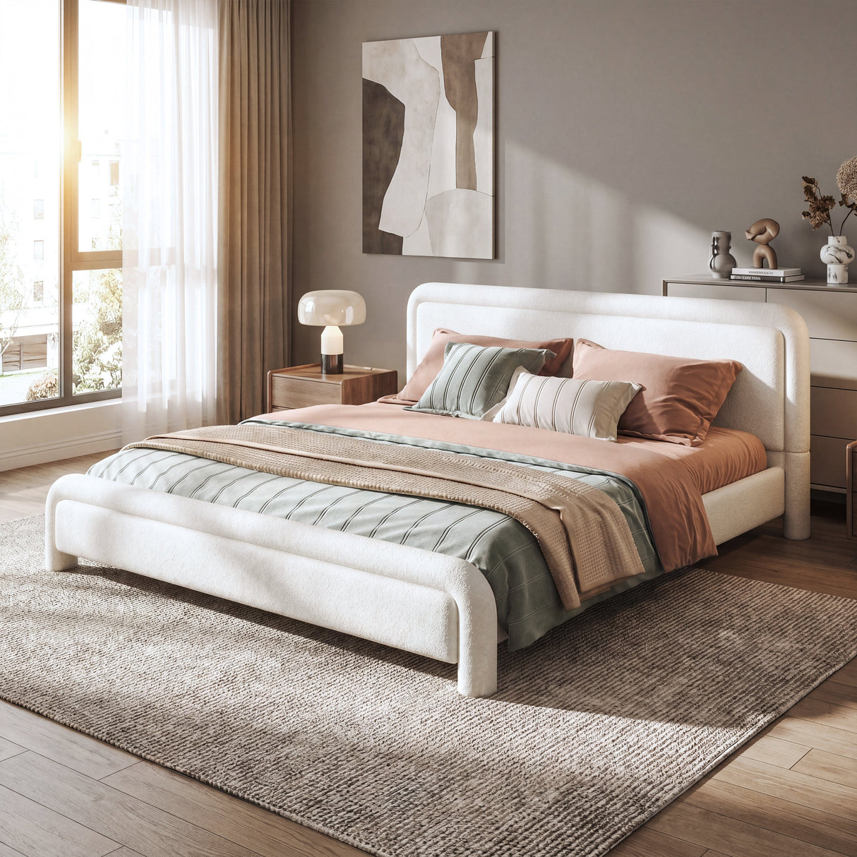 King Size Upholstered Platform Bed Frame with Curved Headboard