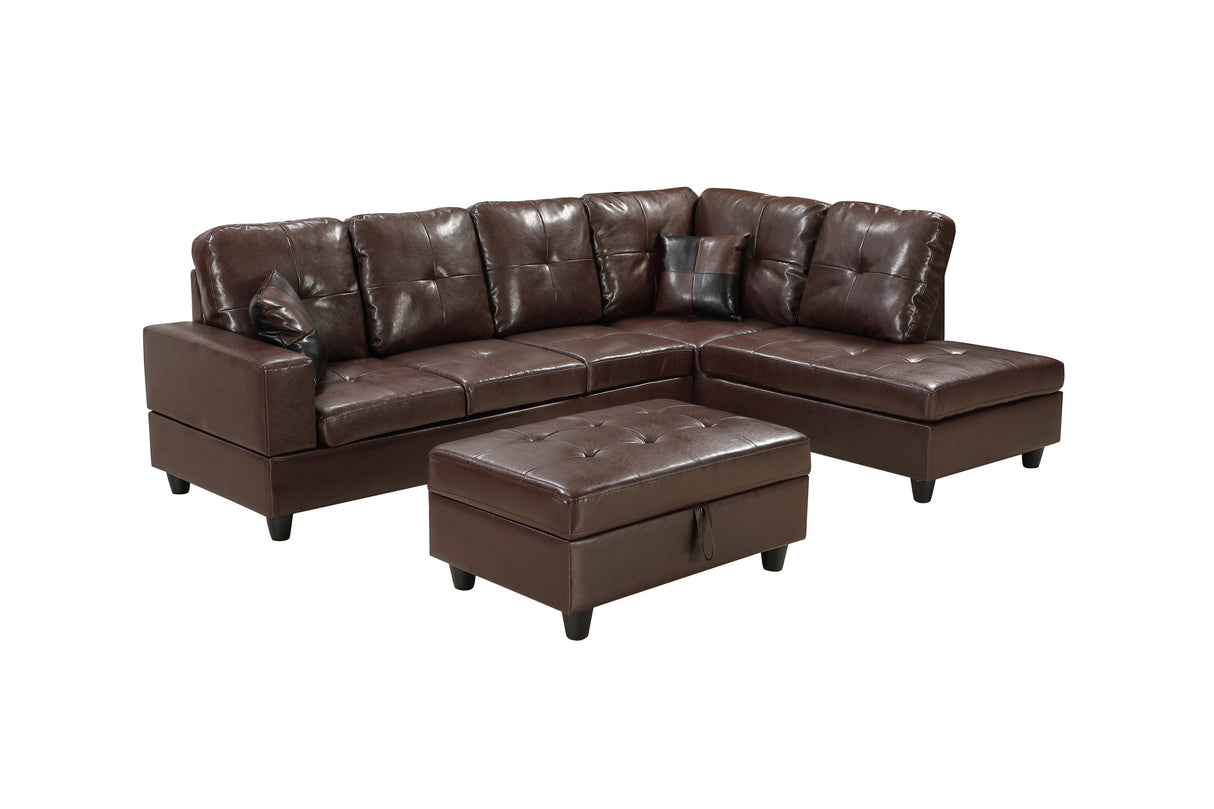 3 PC Sectional Sofa Set Brown Faux Leather Left-Facing Chaise