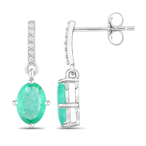 1.49 Carat Genuine Zambian Emerald and White Diamond 10K White Gold Earrings
