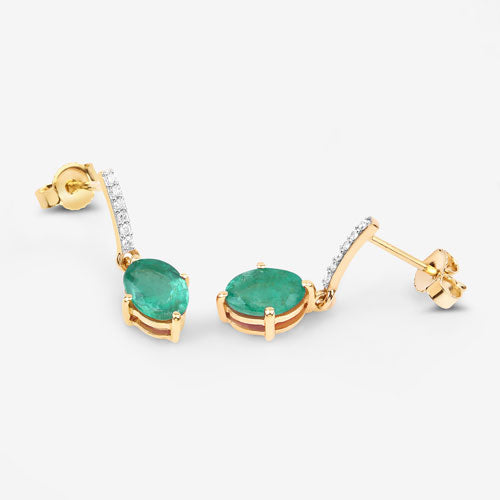 1.49 Carat Genuine Zambian Emerald and White Diamond 10K Yellow Gold Earrings