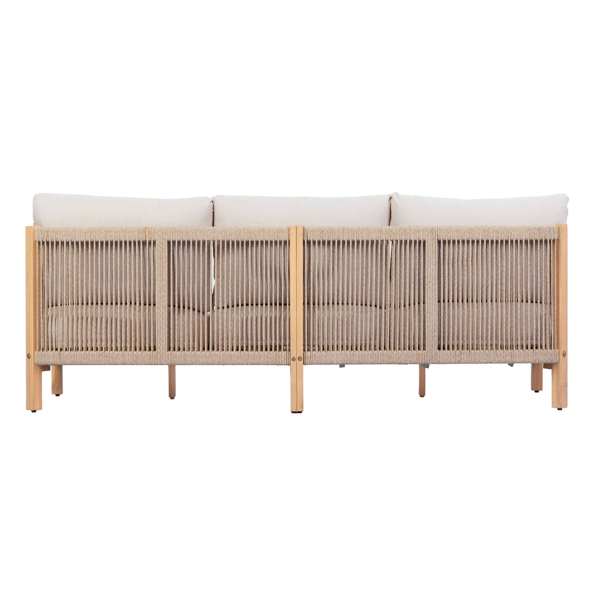 73.23" Outdoor Acacia Wood Frame Rope-Braided Backrest Three-Seater Sofa