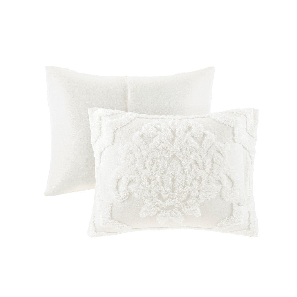 King/Cal King 3 Piece Tufted Cotton Chenille Damask Duvet Cover Set - Off-White