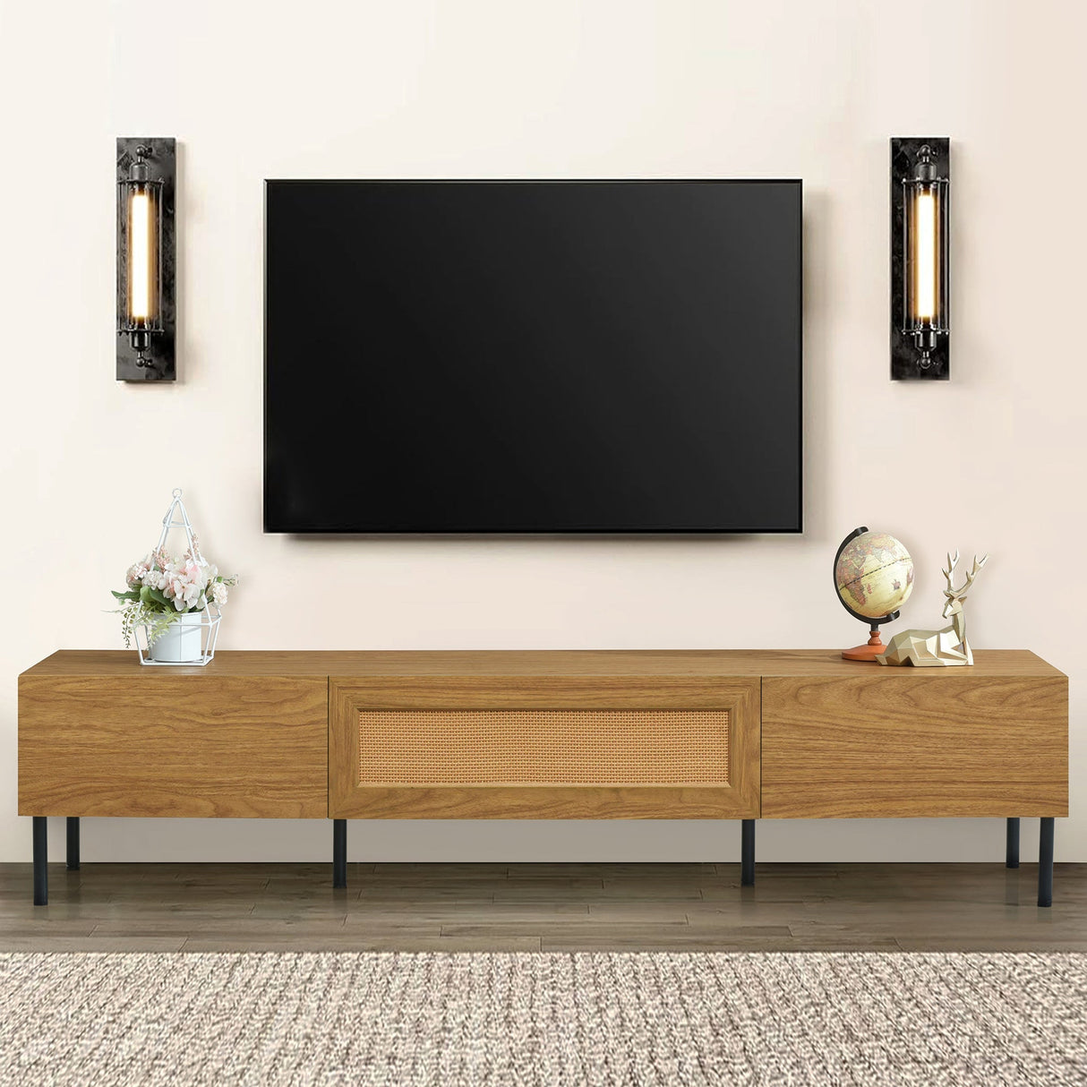 Boho TV Stand for TVs Up to 80" with Rattan Decoration and Metal Legs