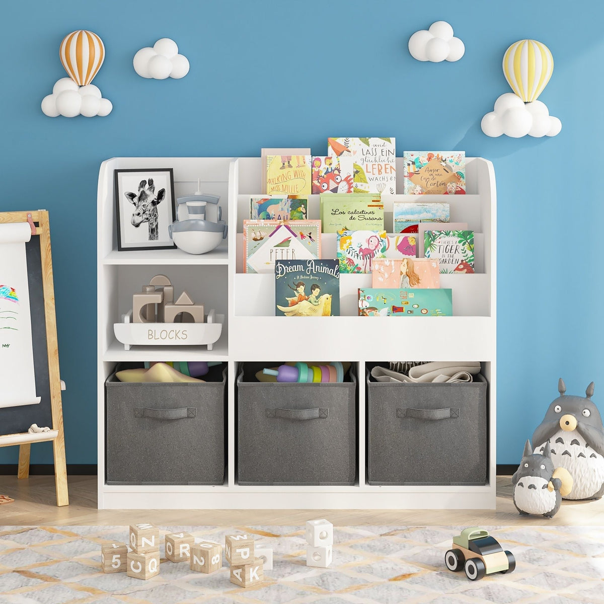 Bookcase and Bookshelf with 3 Collapsible Drawers - Pink or Dark Gray