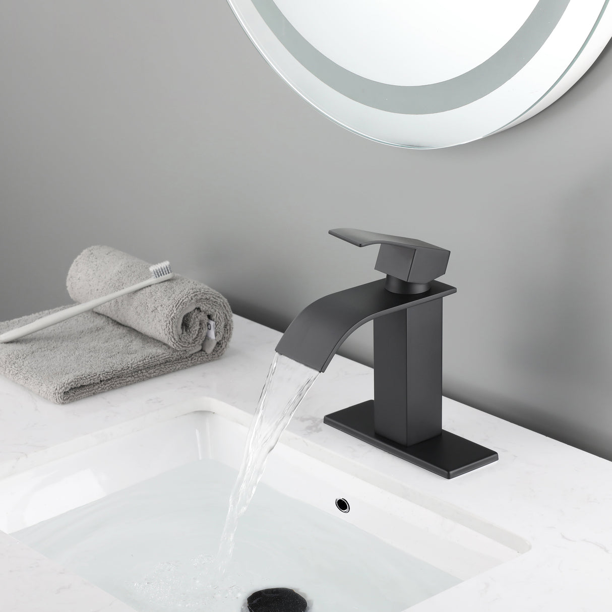 Waterfall Spout Bathroom Sink Single Handle Faucet with Pop-Up Drain