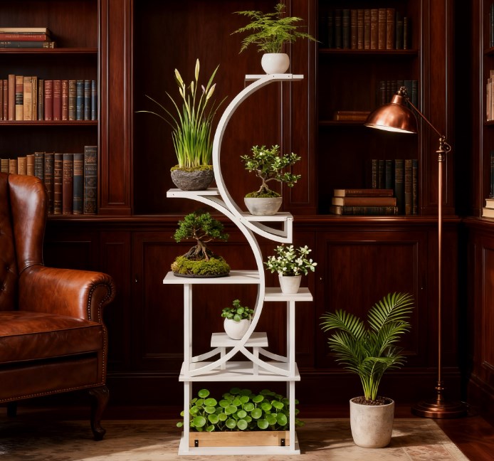 White S-Shaped Plant Stand, 8 Tier Plant Shelf