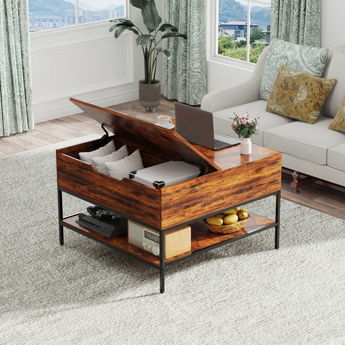 Rustic Flip Top Coffee Table With Hidden Storage - Black / Brown