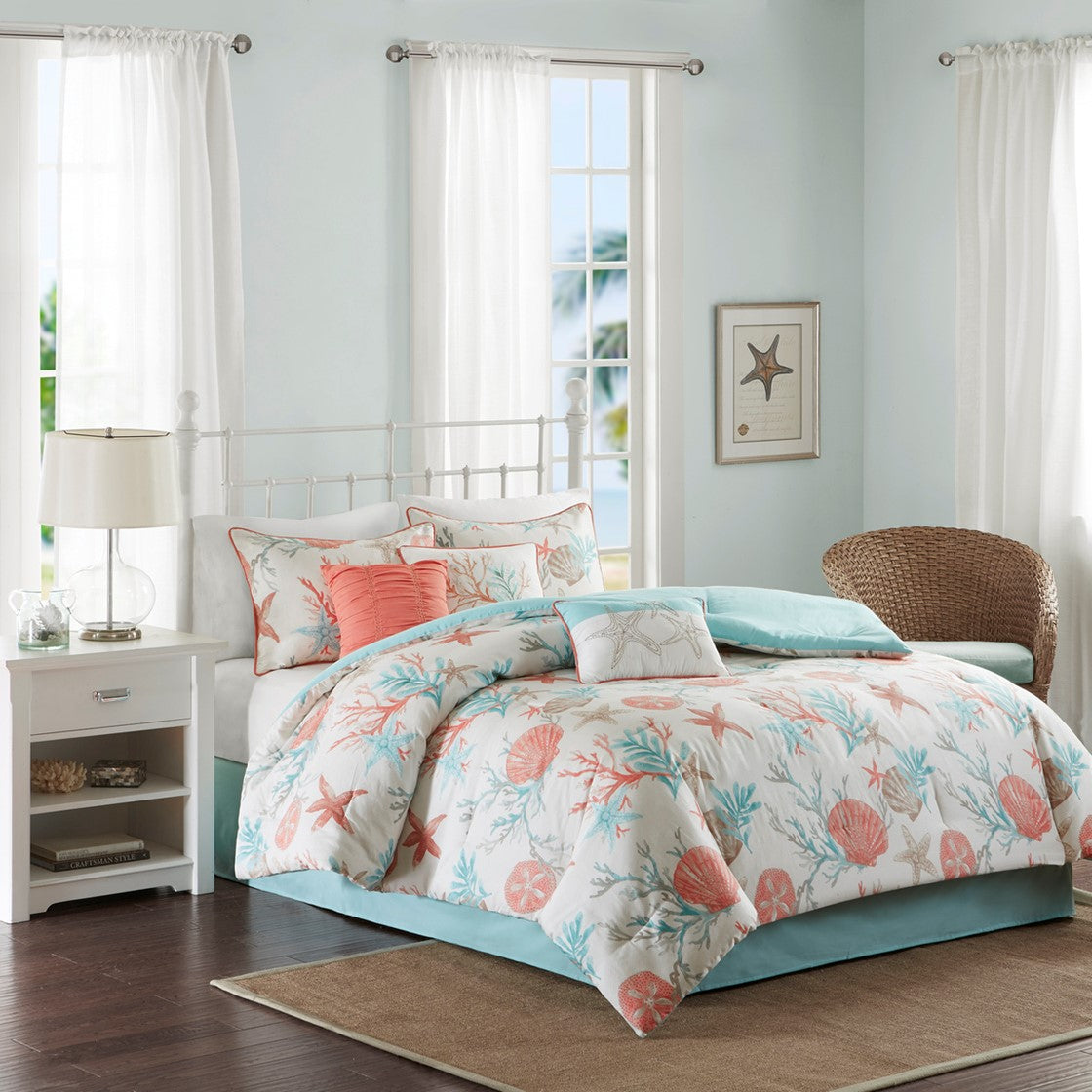 7 Piece Cotton Sateen Comforter Set Coral Queen
