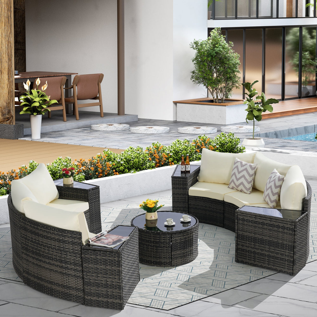 Outdoor Patio Furniture 11-Piece Half-Moon Sectional Round Patio Sofa Set