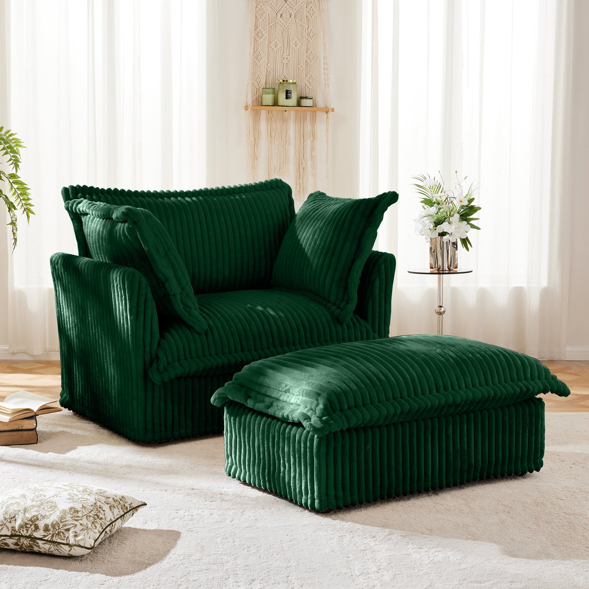 Upholstered Slipcovered Armchair with Ottoman Set (Set of 2)