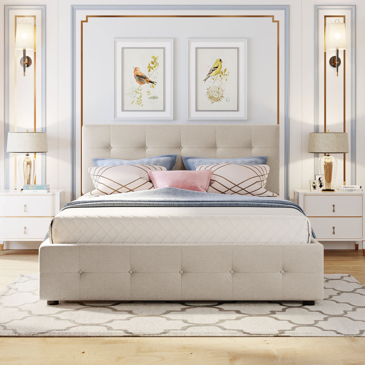 Upholstered Platform Bed with 2 Drawers and 1 Twin XL Trundle, Linen Fabric, Queen Size - Dark Beige(OLD SKU :LP100314AAA)