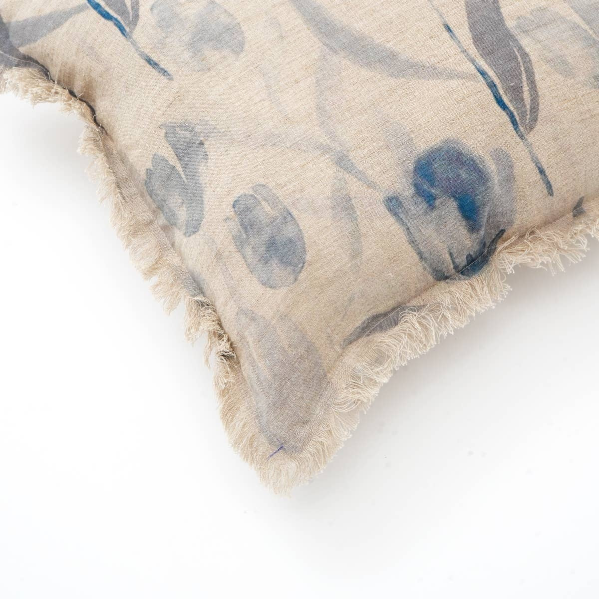 Linen Printed Lumbar Pillow with Fringes Blue & Grey 16x24