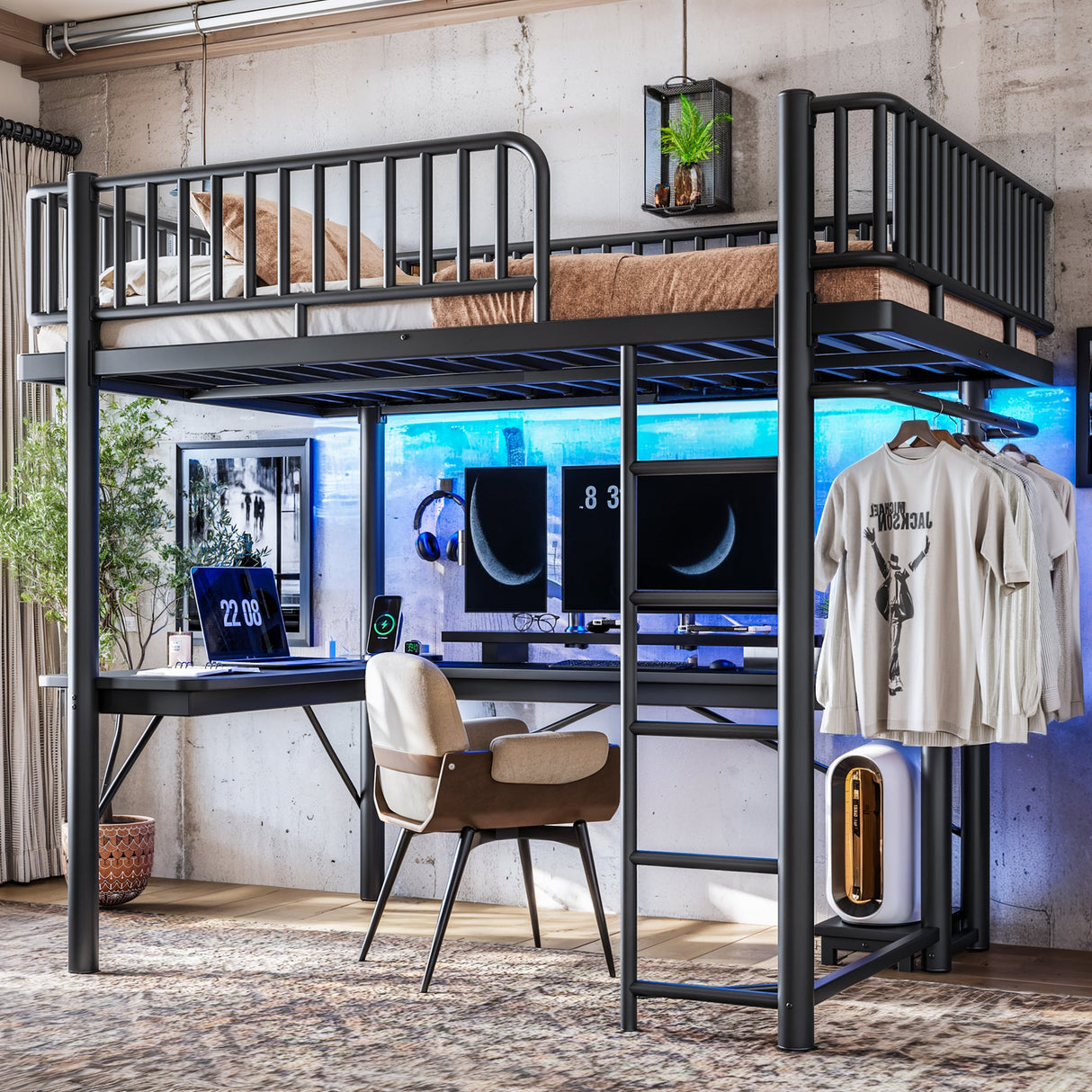 Full Loft Bed with L-Shaped Desk and LED Light Strip