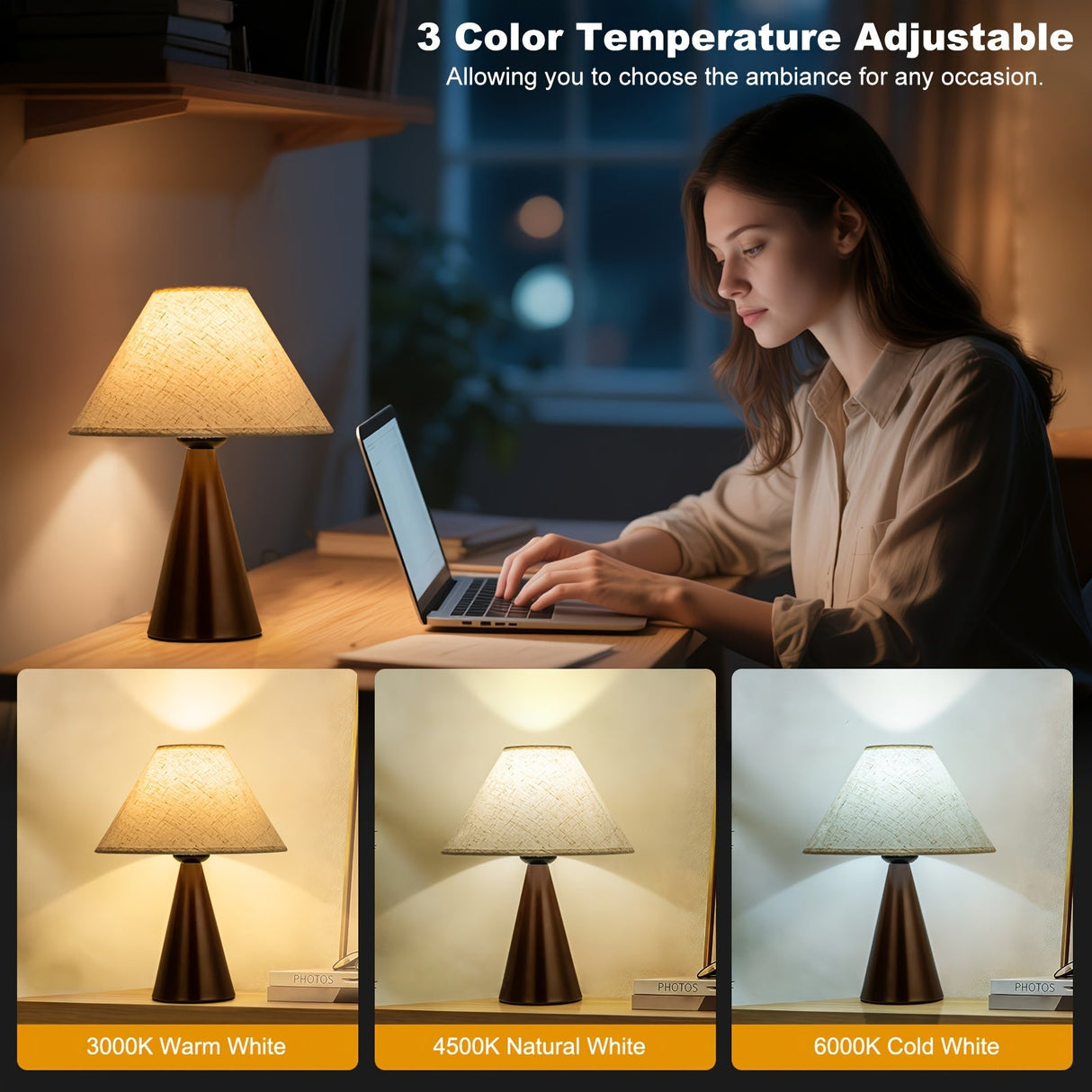 Modern Bedside Table Lamps Set of 2 – 3 Color Fabric Shade Nightstand Lights
