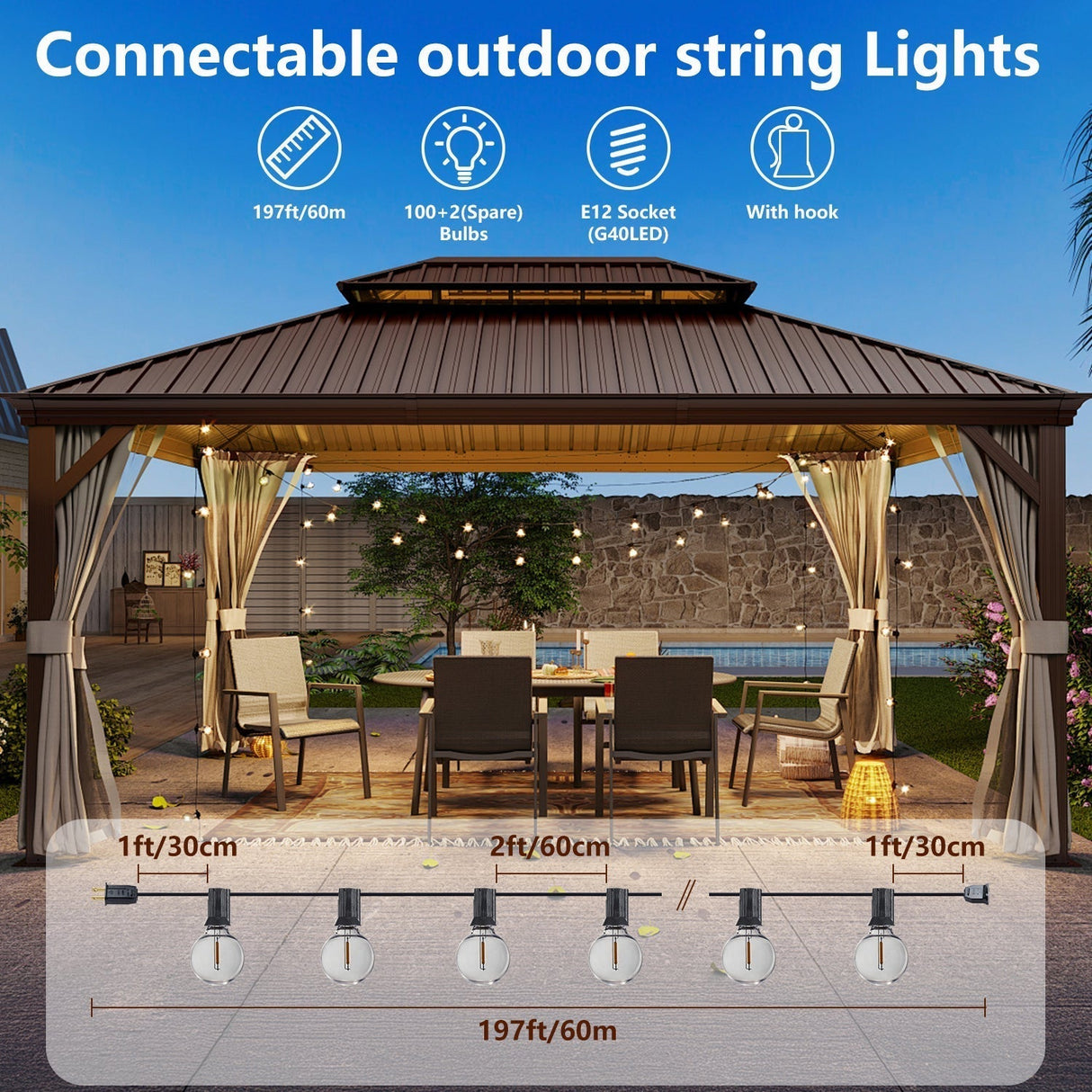 197FT LED Outdoor String Lights with 100 Shatterproof Bulbs