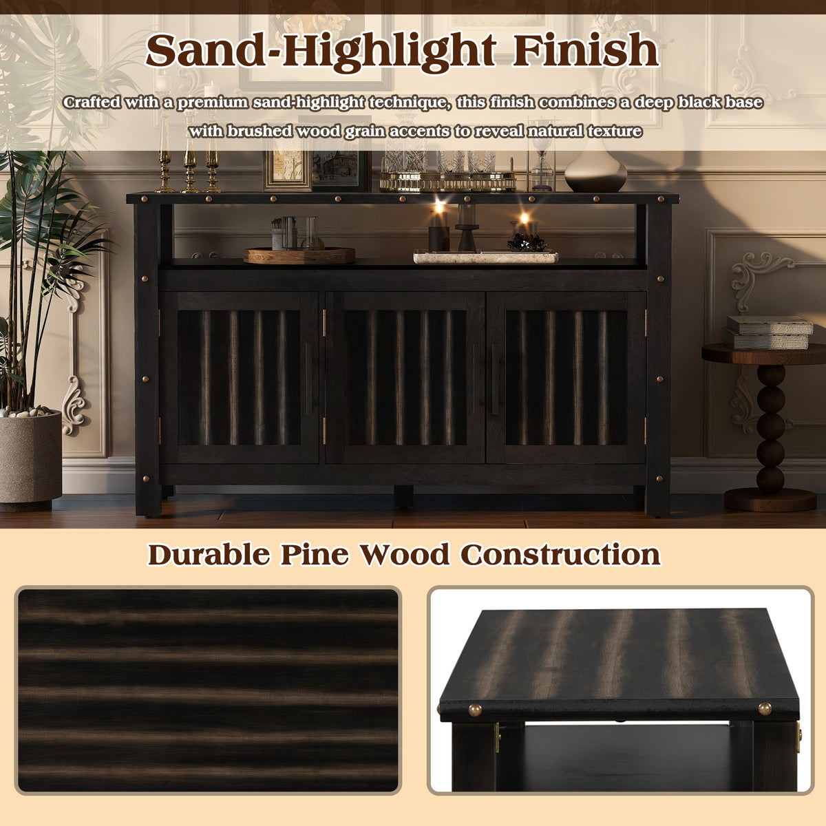 U_Styled 55.1'' Pine Wood Buffet Cabinet with 3-Door Storage