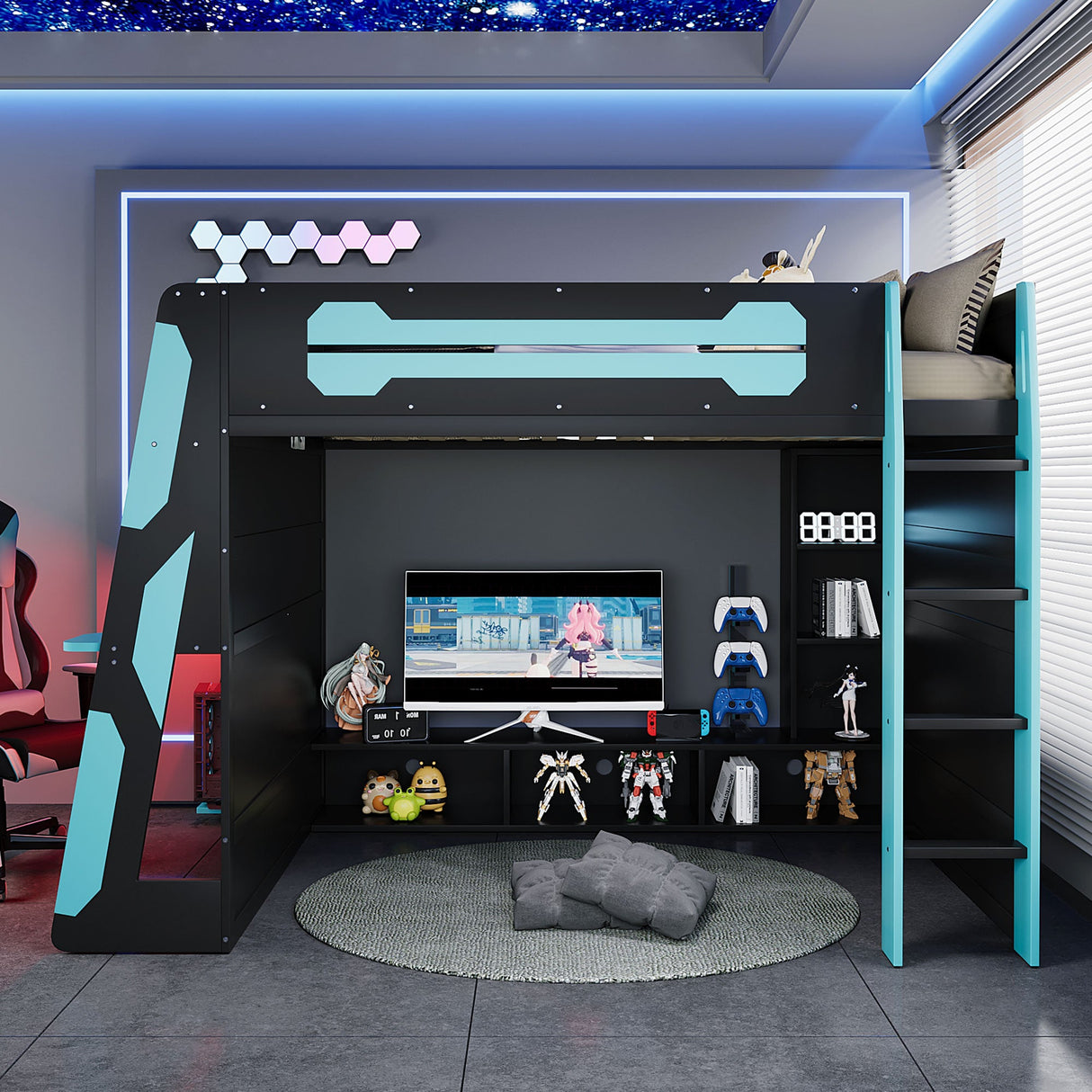 Full Size Wood Loft Bed with Desk, Multi-storage Shelves and RGB Light