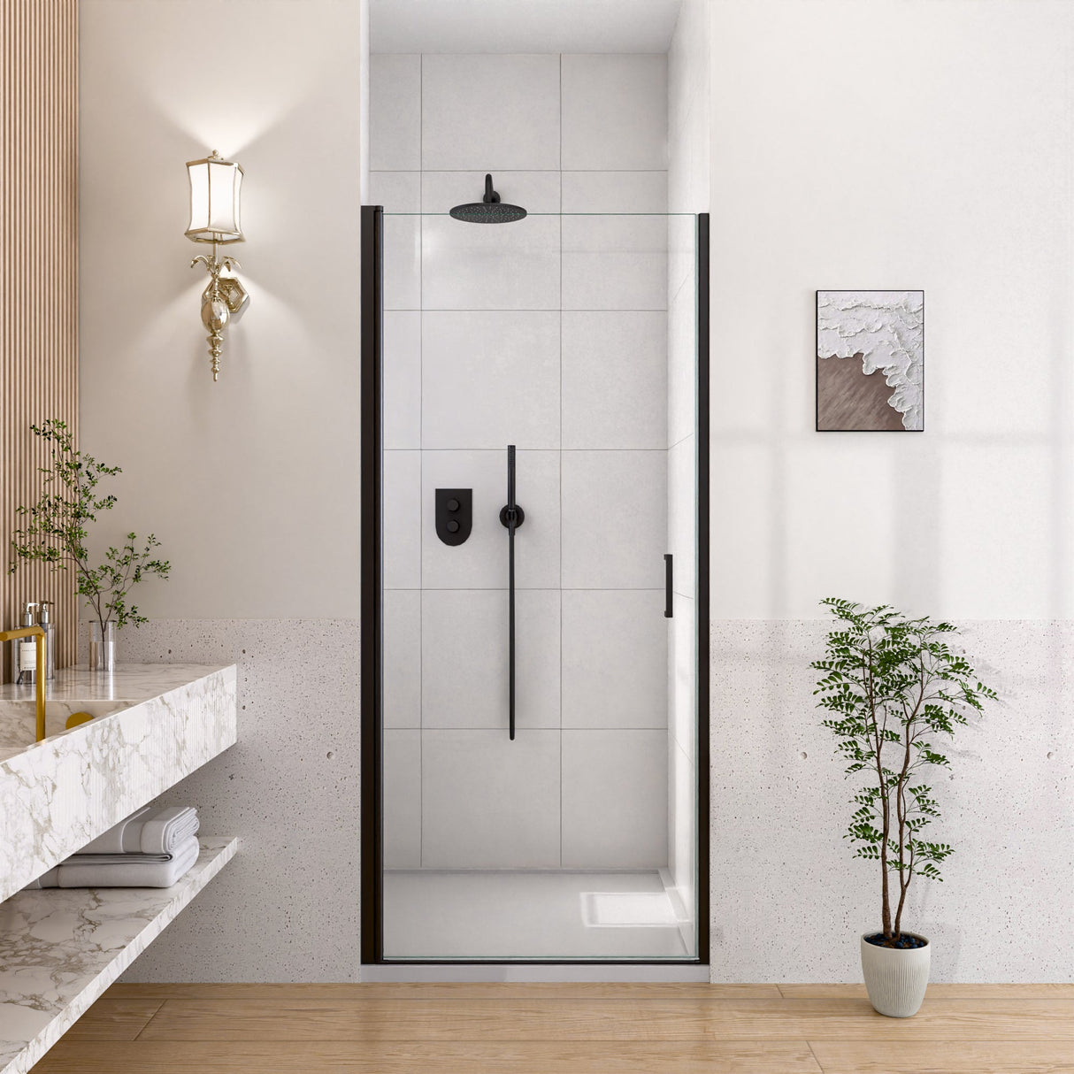 24" W x 72" H Semi-Frameless Circular Pivot Shower Door in Matte Black
