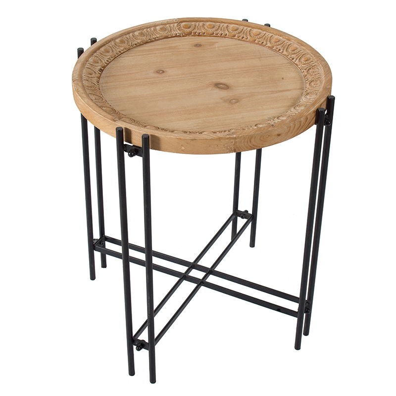 Round Side Table With Wood Top - Black Brown