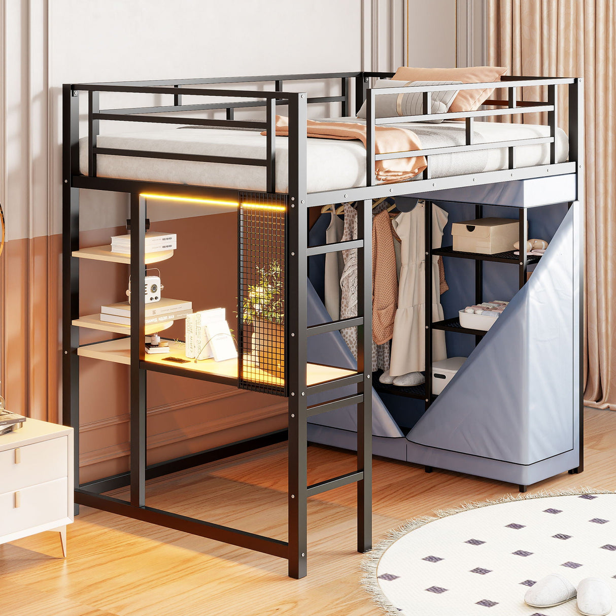 Loft Bed With Desk, Shelves, Power Outlet, LED Light And Wardrobe