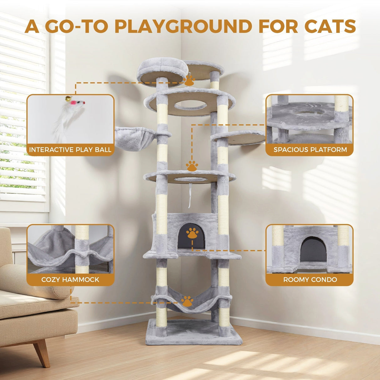 Gray Cat Tree with 3 Condos and Sisal Scratching Posts