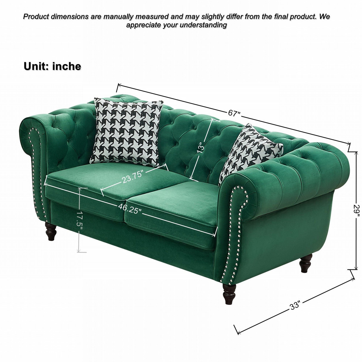 Chesterfield Fabric Sofa With Roll Armrest And Nailhead, Mid Century 2 Seater Couch